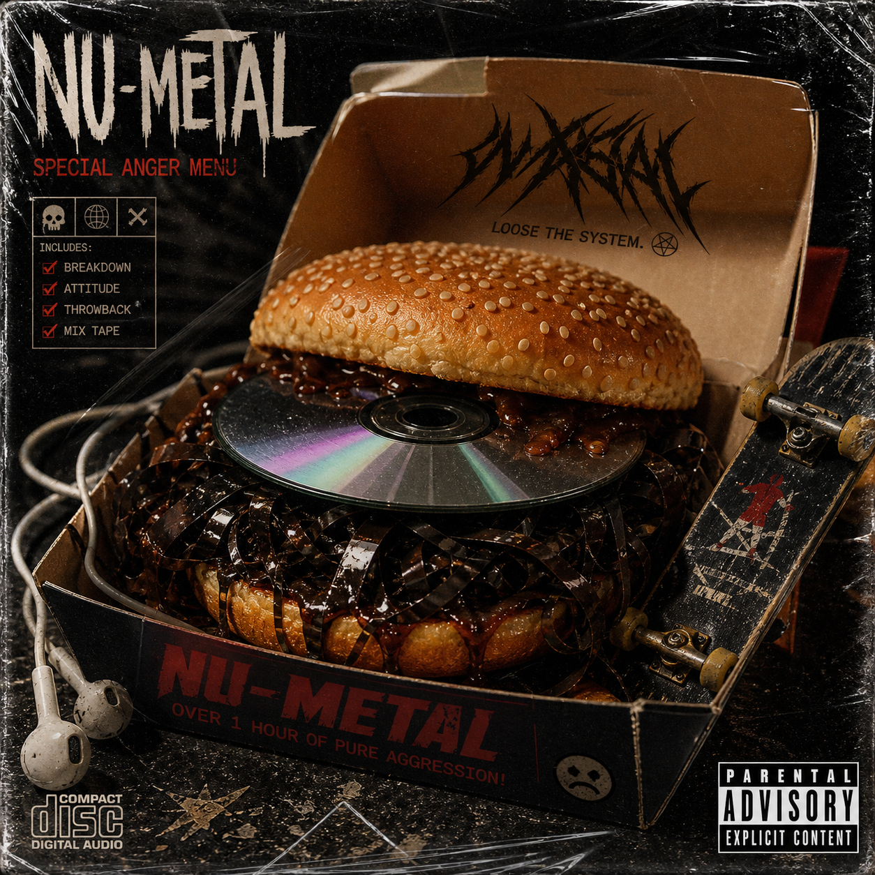 Okładka stylizowana na nu metalowy album: hamburger z płytą CD zamiast kotleta, taśmą magnetofonową, słuchawkami, mini deskorolką i naklejką Parental Advisory.