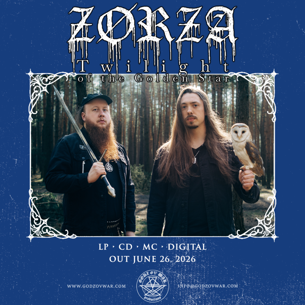 Tekst alternatywny:
Materiały promocyjne albumu „Twilight of the Golden Star” zespołu Zørza z logo zespołu, okładką wydawnictwa oraz logotypem Godz Ov War Productions.