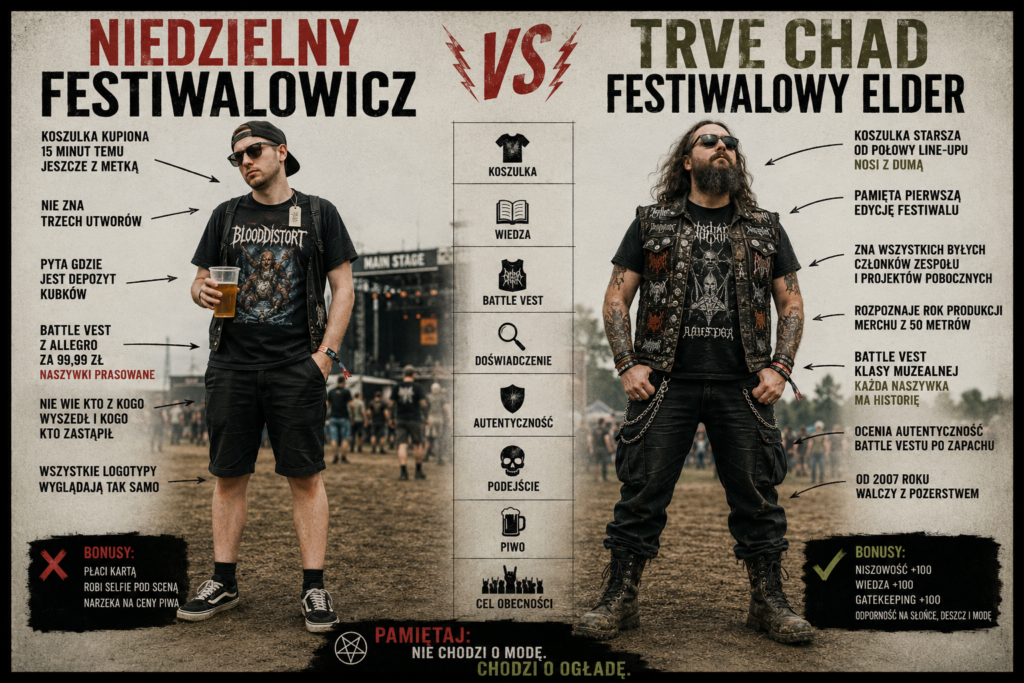 Humorystyczna infografika porównująca „Niedzielnego Festiwalowicza” i „TRVE CHAD Festiwalowego Eldera”. Po lewej początkujący uczestnik festiwalu w nowej koszulce, po prawej doświadczony metalowiec w battle veście. Grafika satyrycznie przedstawia stereotypy i niepisane zasady metalowej sceny.