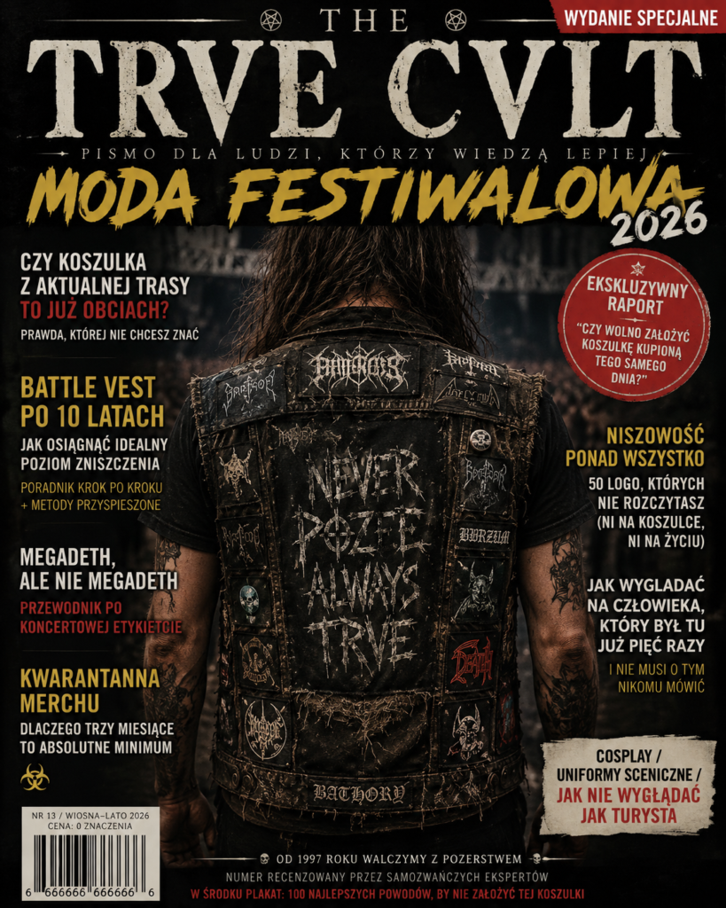 Stylizowana okładka fikcyjnego magazynu „THE TRVE CVLT” poświęconego festiwalowej modzie. Na okładce metalowiec w battle veście otoczony humorystycznymi nagłówkami dotyczącymi koszulek koncertowych, merchu, battle vestów i scenowej autentyczności.