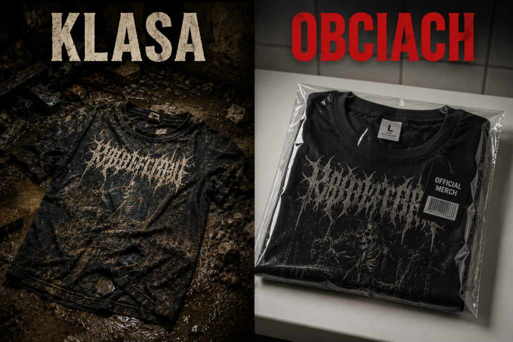 Porównanie dwóch metalowych koszulek. Po lewej zniszczona, ubrudzona błotem i podarta koszulka podpisana „Klasa”, po prawej nowa koszulka w foliowym opakowaniu podpisana „Obciach”. Grafika satyrycznie nawiązuje do festiwalowej mody i koncertowego gatekeepingu.
