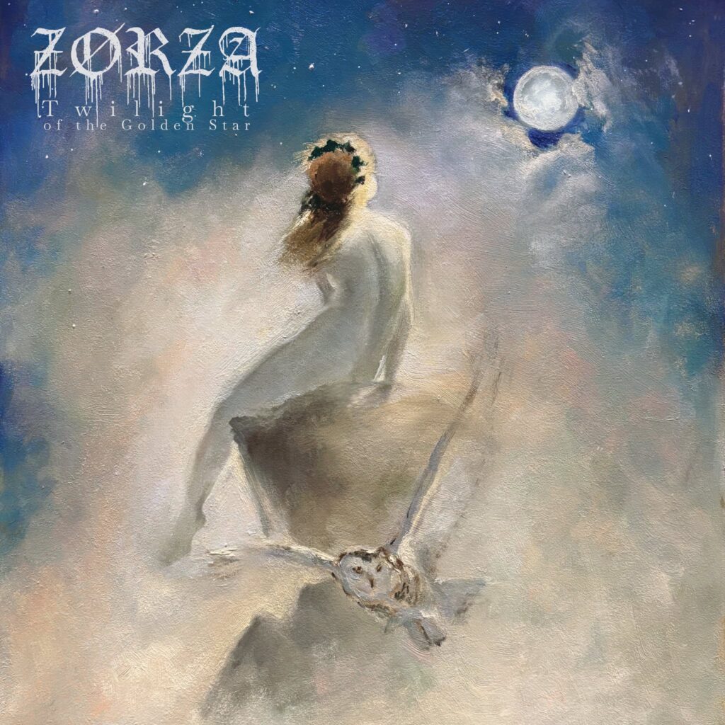 Okładka albumu Zørza „Twilight of the Golden Star” przedstawiająca kobiecą postać na tle kosmicznego krajobrazu, mgławic i górskich szczytów.