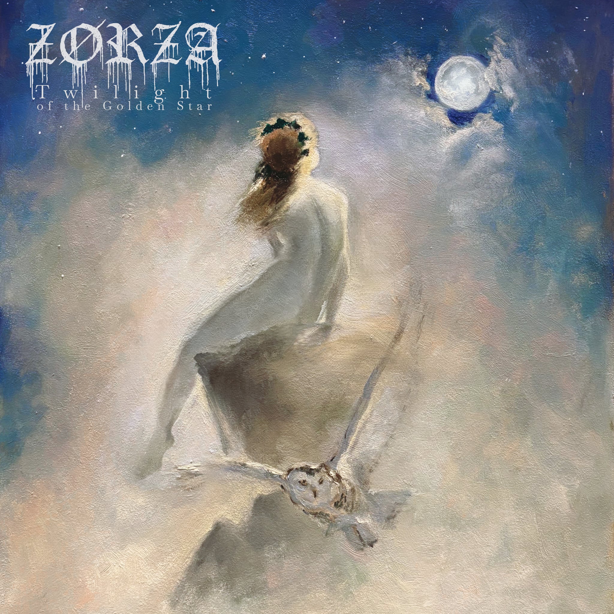 Okładka albumu Zørza „Twilight of the Golden Star” przedstawiająca kobiecą postać na tle kosmicznego krajobrazu, mgławic i górskich szczytów.